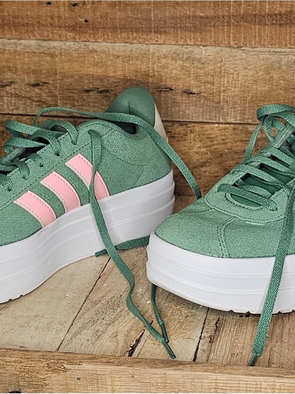 Adidas Women's Mint Green Platform Sneakers with Pink Stripes